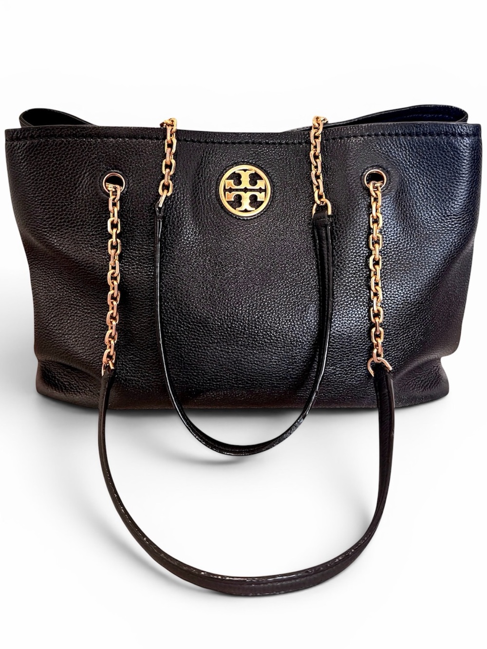Tory Burch Carson Black Pebbled Leather Tote with Gold Chain Detail